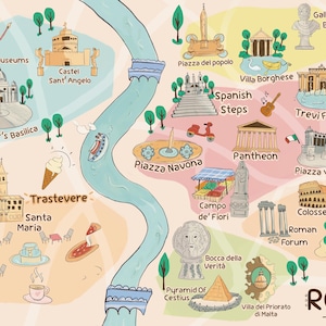 Op de afbeelding: Een kleurrijke geïllustreerde kaart van Rome, Italië, met bezienswaardigheden zoals het Colosseum, de Trevifontein en de Vaticaanse Musea. De kaart bevat de tekst "Rome - Italy" en diverse illustraties van gebouwen en monumenten.