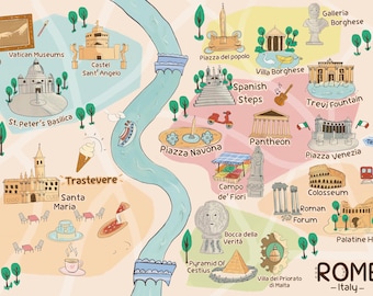 Impression de la carte de Rome : affiche illustrée de la ville en dessin animé (téléchargement numérique)
