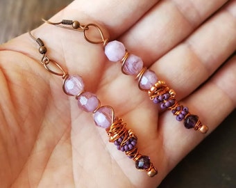 Boho wedding dangle earrings in purple and copper. Handcrafted wedding jewelry. One of a kind bohemian.