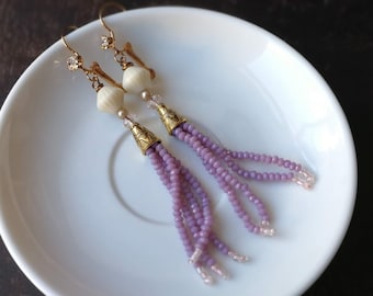 Bohemian wedding dangle earrings in muted lilac and vintage ivory.  Handcrafted wedding jewelry. One of a kind bohemian.