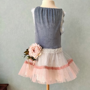 Cotton velvet tutu dress. Girl size 7 years. Dusty blue. Ivory flower girl dress. Vintage look. Birthday girl dress. Girl size 6 years. image 1