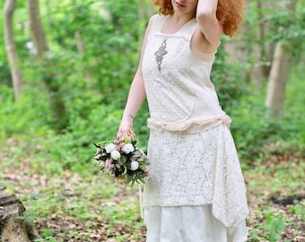 Flapper dress - White boho linen dress - Eco wedding - Rustic linen - Comfy low waist summer dress -  Cream tea length wedding gown - Small.