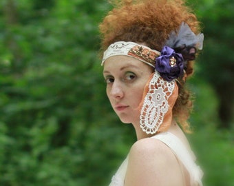 Purple and ivory bridal flapper headdress. Wedding headband with beautiful vintage lace and indian embroidery. 1920s wedding.
