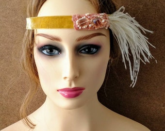 Beaded flapper headpiece - yellow and pink beaded headpiece - wedding headband with embroidery - 1920s wedding - retro style headband