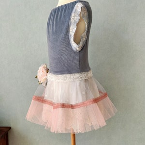 Cotton velvet tutu dress. Girl size 7 years. Dusty blue. Ivory flower girl dress. Vintage look. Birthday girl dress. Girl size 6 years. image 4