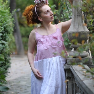 Bohemian silk dress size small. Boho eco wedding dress with white viscose and pink peace silk. Peace silk dress.