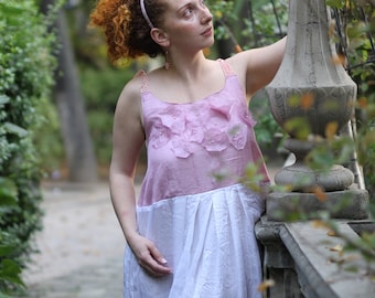 Bohemian silk dress / Boho eco wedding dress with white viscose and pink peace silk / Size small