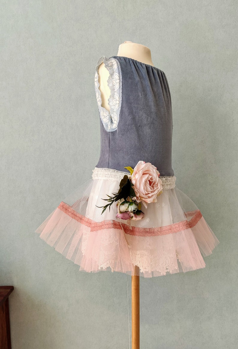 Cotton velvet tutu dress. Girl size 7 years. Dusty blue. Ivory flower girl dress. Vintage look. Birthday girl dress. Girl size 6 years. image 2