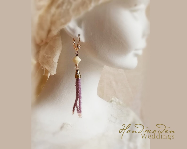 Handcrafted wedding jewelry Bohemian wedding dangle earrings in muted lilac and vintage ivory One of a kind bohemian.
