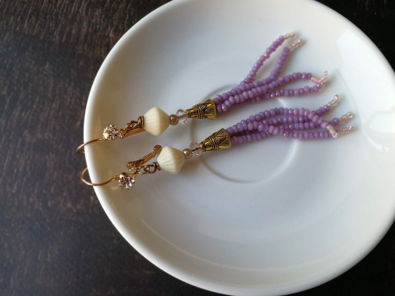 Handcrafted wedding jewelry Bohemian wedding dangle earrings in muted lilac and vintage ivory One of a kind bohemian.