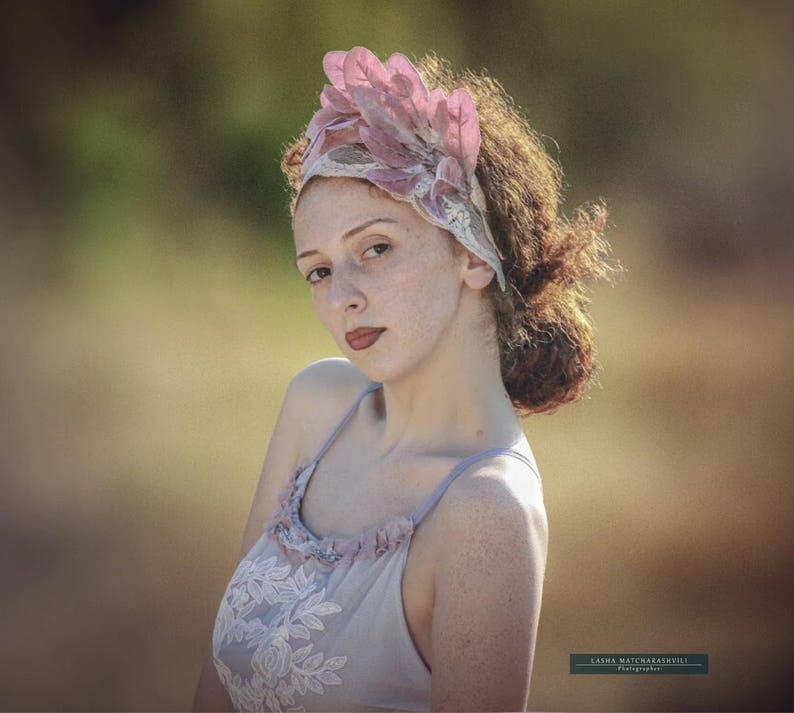 mauve boho wedding headband with dusty rose velvet leaves and dusty rose lace Bohemian floral headpiece Handmade wedding hairpiece.