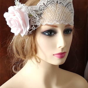 Shabby chic bohemian bridal headband. Blue feathered headpiece. Bohemian flower wedding headpiece in blue and pink. Handmade wedding.