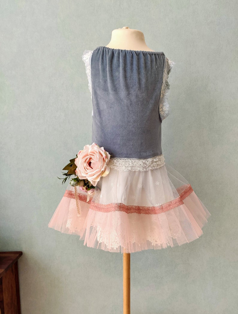 Cotton velvet tutu dress. Girl size 7 years. Dusty blue. Ivory flower girl dress. Vintage look. Birthday girl dress. Girl size 6 years. image 1