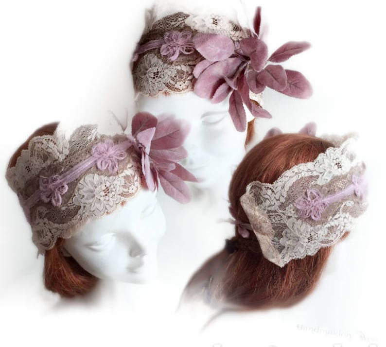 mauve boho wedding headband with dusty rose velvet leaves and dusty rose lace Bohemian floral headpiece Handmade wedding hairpiece.