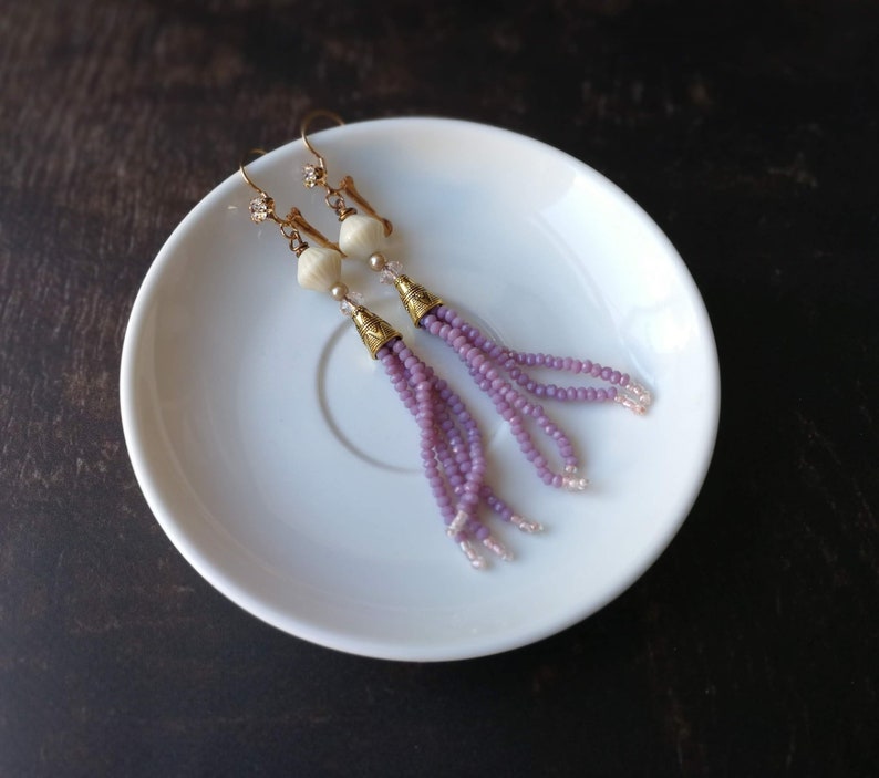 Handcrafted wedding jewelry Bohemian wedding dangle earrings in muted lilac and vintage ivory One of a kind bohemian.