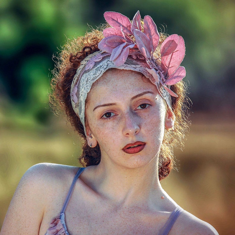 mauve boho wedding headband with dusty rose velvet leaves and dusty rose lace Bohemian floral headpiece Handmade wedding hairpiece.