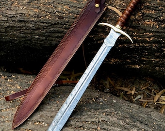 Handgesmeed Damascus Vikingzwaard met leren schede, replica van een Noors lemmet