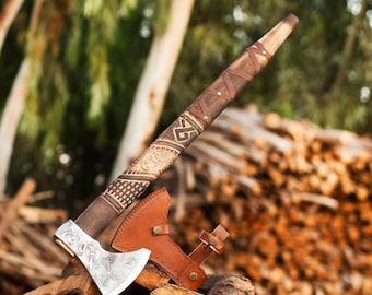 Personalized Viking Axe, Hand made Carbon Steel Camping Hatchet With Leather Sheath