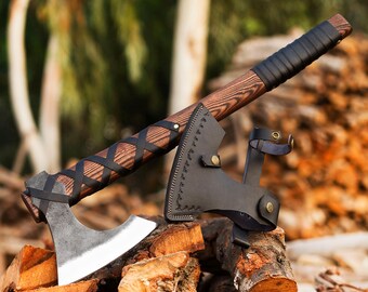 Personalized Viking Axe, Carbon Steel Camping Hatchet, Ash Wood Handle : Ragnar Lothbrok Style, Leather Wrapped