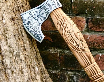Hand-Forged High Carbon Steel Viking Axe: Ash Wood Handle Bushcraft Axe