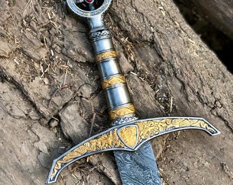 Handmade Damascus Steel Viking Sword, Templar Knight, Leather Sheath