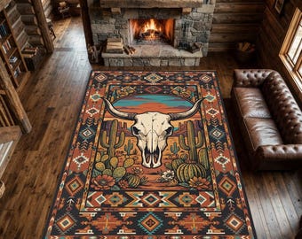 Alfombra Western Bull Skull Desert Cactus / Alfombra Southwest Tribal Geometric Aztec Rust / Alfombra para sala de estar Wild West Sunset Ranch Cabin