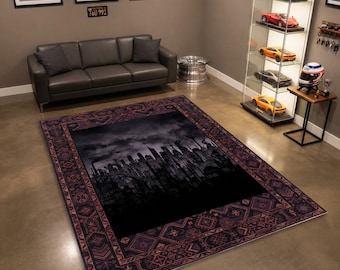 Alfombra con silueta de paisaje urbano distópico / Alfombra con horizonte ciberpunk industrial oscuro / Borde de kilim gótico melancólico para sala de estar o para gamers