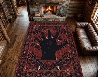 Alfombra con silueta de mano de seis dedos / Alfombra con medallón geométrico estilo folk oscuro en tonos óxido y carbón / Alfombra de salón estilo boho misterioso y espeluznante