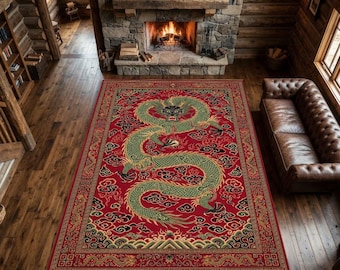 Alfombra con diseño de dragón chino / Decoración vintage para sala de estar en verde jade y rojo imperial / Lavable, antideslizante, de pelo corto / Regalo de mitología asiática