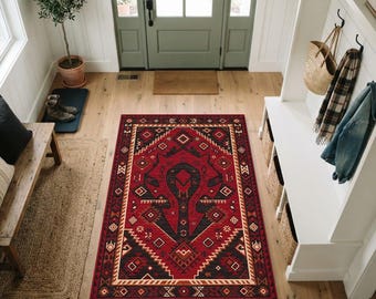 Alfombra tribal Horde Crest / Alfombra Kilim geométrica con borde rojo carmesí y negro / Alfombra para sala de juegos o salón con emblema de batalla de fantasía
