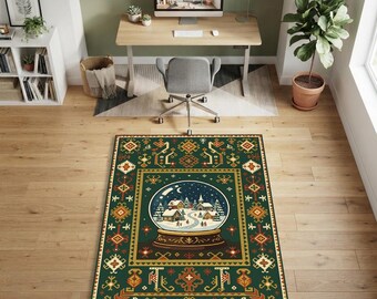 Alfombra acogedora con diseño de pueblo navideño con bolas de nieve / Alfombra tradicional verde bosque con borde geométrico folclórico / Alfombra para sala de estar de cabaña de invierno para vacaciones