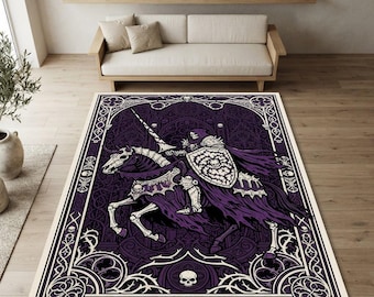 Alfombra gótica de caballero esqueleto a caballo / Alfombra medieval de calavera y lanza de fantasía oscura / Alfombra de sala de estar para gamers en color crema púrpura intenso