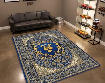 Alfombra Alliance Royal Lion Crest / Alfombra con borde arabesco floral ornamentado azul y dorado / Alfombra de juego medieval de fantasía para sala de juegos