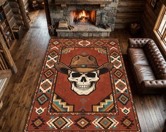 Alfombra estilo calavera de vaquero del oeste / Alfombra tribal geométrica azteca óxido del suroeste / Alfombra gótica estilo forajido del salvaje oeste para sala de juegos o cueva de hombre