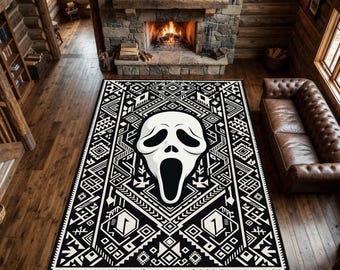 Alfombra con máscara de fantasma de terror / Alfombra con borde azteca tribal geométrico en blanco y negro / Alfombra espeluznante para sala de juegos de Halloween o cueva de hombre
