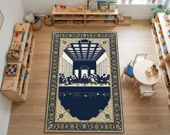 Alfombra de la Última Cena de Leonardo Da Vinci / Alfombra con borde barroco arabesco azul marino y dorado / Alfombra de salón de inspiración cristiana renacentista