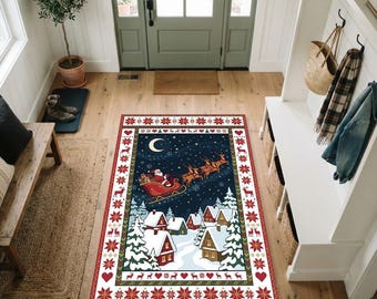 Alfombra navideña con trineo de Papá Noel / Alfombra nórdica Fair Isle con copos de nieve y diseño de pueblo invernal / Alfombra festiva para sala de estar o cuarto infantil en temporada navideña