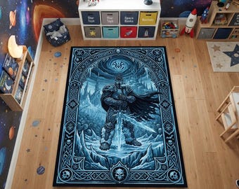 Alfombra de fantasía del Rey Exánime y el Trono Congelado / Alfombra gótica azul con borde de calavera del Caballero de la Agonía de Escarcha / Sala de estar/sala de juegos medieval oscura con temática de muertos vivientes