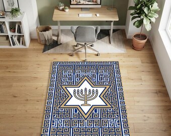 Alfombra con diseño de Menorá y Estrella de David / Alfombra con laberinto geométrico de greca en azul real y dorado / Alfombra para sala de estar con diseño de herencia judía