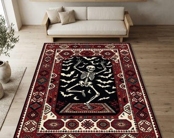 Alfombra con diseño de esqueletos bailando y murciélagos volando / Alfombra Kilim gótica de Halloween con borde rojo oscuro / Alfombra espeluznante retro con danza macabra para sala de estar