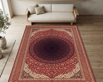 Alfombra con ilusión óptica 3D / Decoración vintage para sala de estar con medallón rojo / Lavable, antideslizante, de pelo corto / Regalo con ilusión óptica