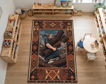 Alfombra con diseño de guerrero vikingo y leñador / Alfombra nórdica geométrica con borde azteca en tonos tierra / Alfombra estilo anime con hacha de berserker para sala de estar