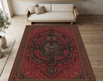 Alfombra con diseño de trampa mecánica inversa para osos / Alfombra gótica steampunk de película de terror y suspense / Alfombra vintage con borde rojo burdeos para la cueva del hombre o para gamers.