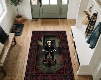 Alfombra con diseño de triciclo y marionetas de películas de terror / Alfombra gótica espeluznante con borde geométrico rojo y negro / Alfombra para juegos de Halloween para la cueva del hombre