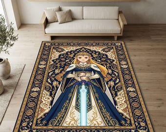 Alfombra de área con espada de princesa de fantasía real / Alfombra floral arabesca ornamentada azul marino y dorada / Alfombra de piso para sala de estar de habitación de chica gamer de anime