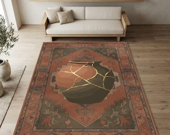Alfombra Kintsugi con diseño de jarrón de cerámica rota / Alfombra de terracota con medallón geométrico de cerámica japonesa / Alfombra de salón Wabi Sabi estilo boho