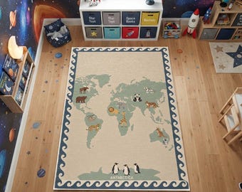 Alfombra infantil con mapa del mundo y animales / Alfombra educativa verde salvia para guardería o sala de juegos / Lavable, antideslizante, de pelo corto / Regalo para baby shower