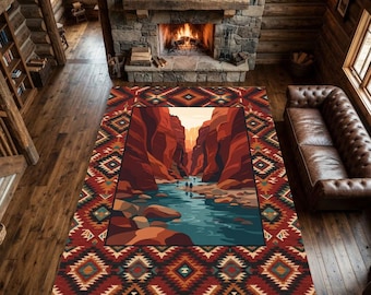 Alfombra del cañón del río Zion Narrows / Alfombra geométrica tribal azteca del suroeste en color rojo óxido / Alfombra para sala de estar de cabaña con paisaje de parque nacional