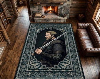 Alfombra medieval de guerrero vikingo caballero / Alfombra azul pizarra con borde de dragón y nudo celta nórdico / Alfombra de sala de juegos de espadachín de anime de fantasía oscura