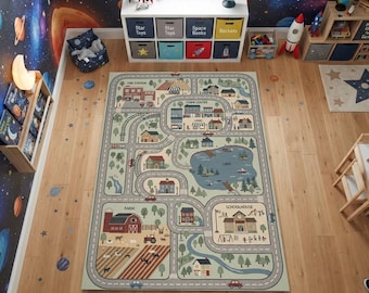 Alfombra infantil con mapa de ciudad / Decoración vintage verde salvia para habitación infantil / Lavable, antideslizante, de pelo corto / Regalo para la sala de juegos de los niños pequeños